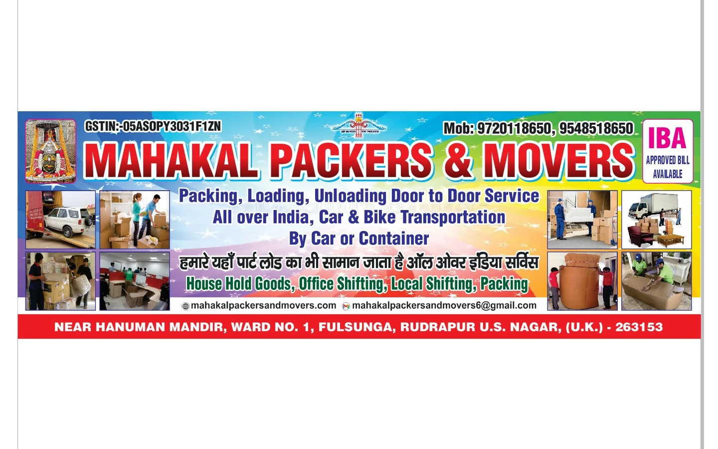 Mahakal Packers and Movers promotional banner with service information