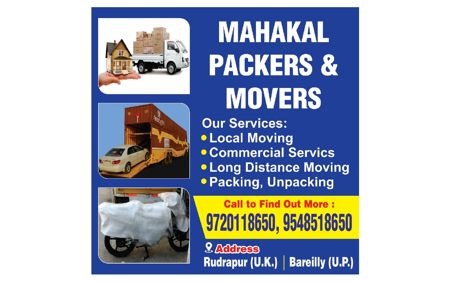 Mahakal Packers and Movers service poster showing local moving, commercial services, long distance moving and packing